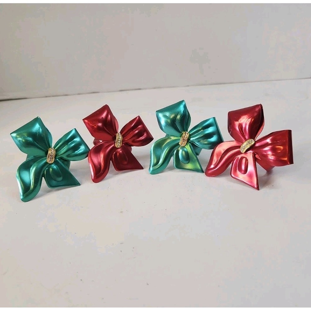 Vintage Metallic Metal Bow Napkin Rings Red Teal Mid Century Retro Set of 4
